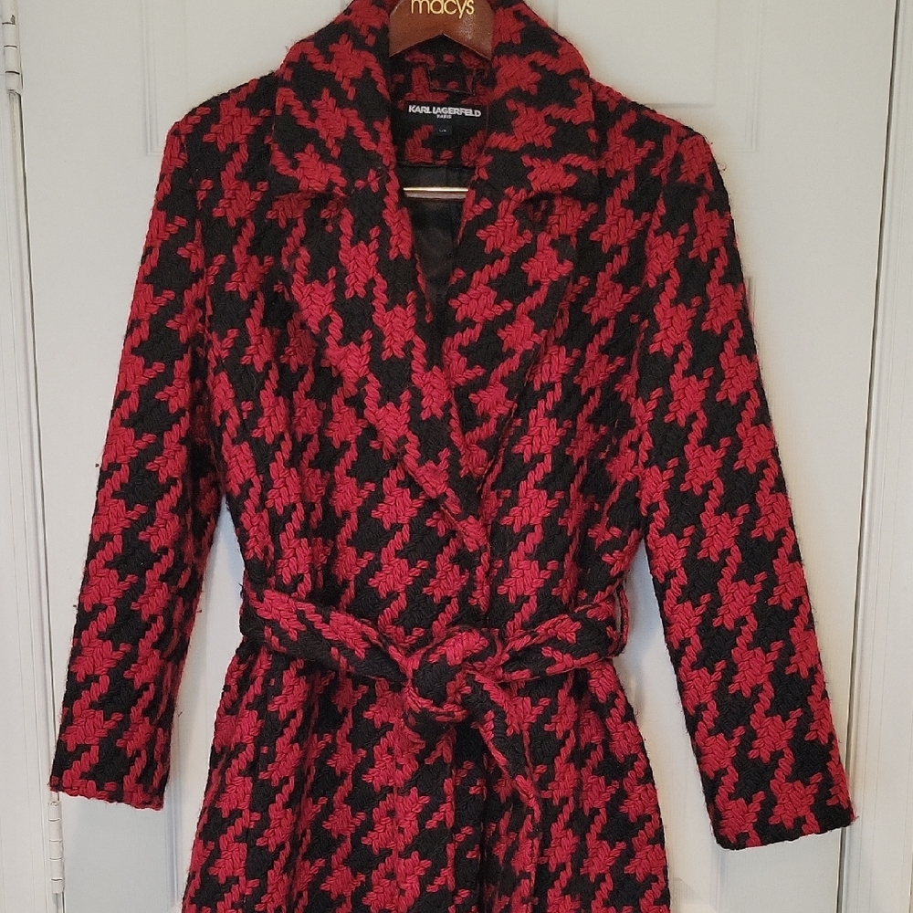 Karl Lagerfeld Red & Black Houndstooth Wool Blend Wrap Coat- LIKE NEW - Picture 2 of 16